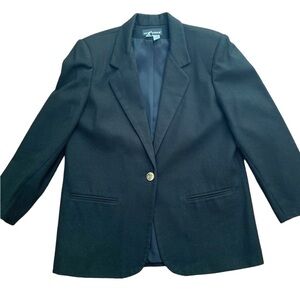 Sag Harbor Black Pure Wool Blazer Size 14 One Button Lined Y2K Vintage Shoulder